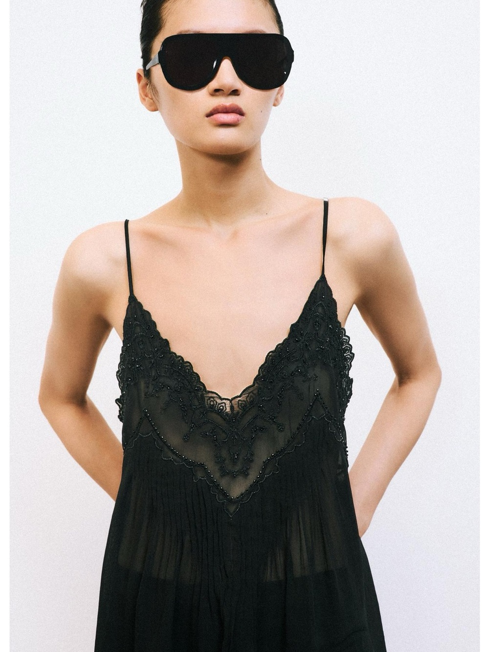 EMBROIDERED BEADED CAMISOLE ZW COLLECTION
Zara Black Lace-Trim Sheer Cami